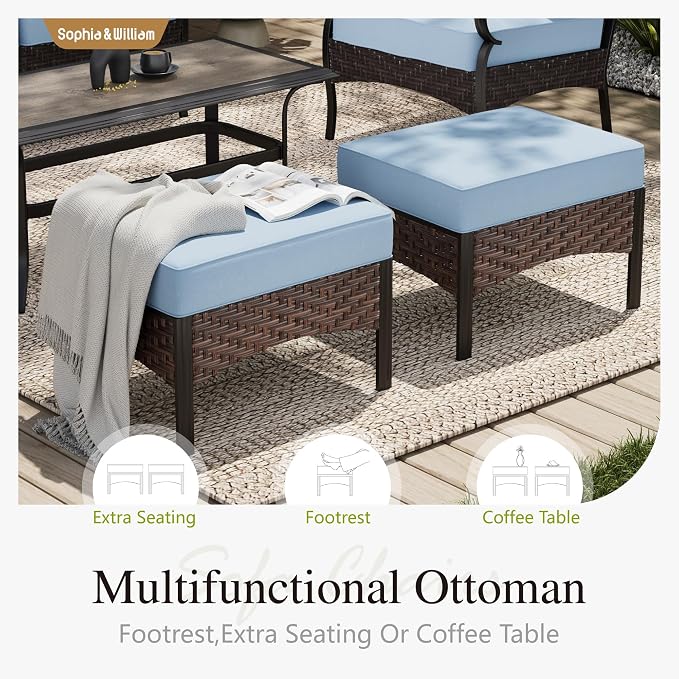 Sophia & William Patio Furniture Set with 56" Fire Pit Table, Metal Outdoor Conversation Set Patio Sectional with 3-Seater Sofas, 2 Swivel Chairs, 2 Ottomans, 1 Firepit Table for Porch Deck, Blue