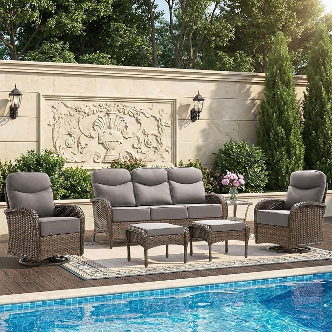High Back Luxury Patio Furniture Set with 6-inch Thick Cushion, Swivel Rocker Patio Chairs with Outdoor Couch, 6 Piece Wicker Conversation Set for Deck Yard Garden Balcony Gray Cushion