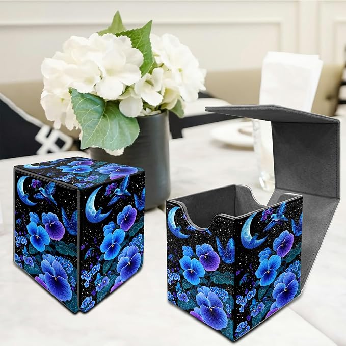 Deck Box for MTG, Cards Storage Box Fits 120+ Sleeved, Leather Medium Size Strong Magnetic Closing Card Case for Board Games Magic TCG CCG Baseball Collection, Blue Flower Bird