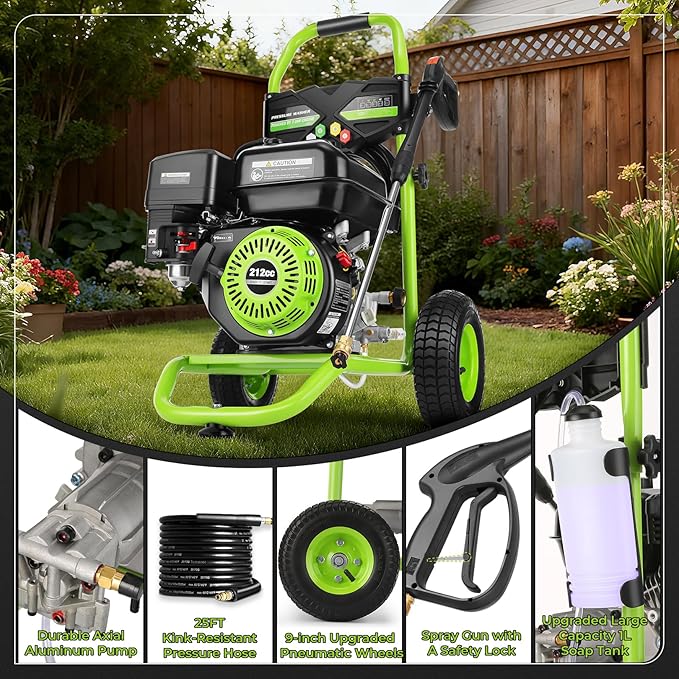 4200PSI Pressure Washer 4.0GPM Gas Power Washer 212CC Gas Powered Washing Machine Commercial High Pressure Washer with 25ft Hose&5 Nozzles for Patio Garden Yard Vehicle,EPA/CARB/ETL (Green)