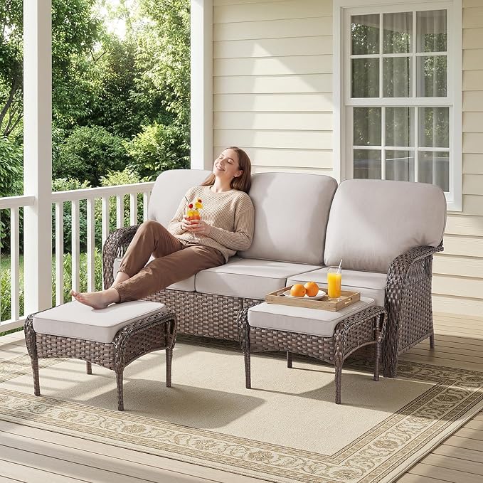 Belord Luxury Outdoor High Back Couch with Ottoman, All-Weather Wicker 3-Seater Sofa, 3 Piece Patio Conversation Furniture Set,Beige