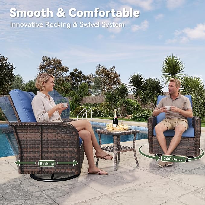 Aoxun 10-Piece Patio Furniture Set with 44” Fire Pit Table, Wicker Rattan Outdoor Sectional Sofa with High Back Swivel Rocker Chairs, Outdoor Patio Furniture Set with Thick Cushions & Ottoman, Blue