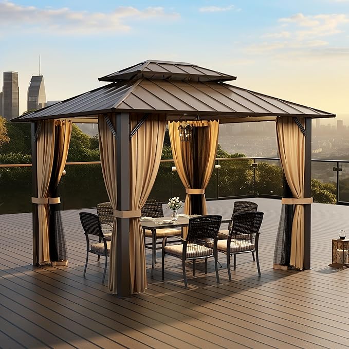 PAMAPIC 10x12FT Hardtop Gazebo,Galvanized Steel Double Roof with Aluminum Frame,Outdoor Permanent Pavilion with Breathable Netting & Privacy Curtain for Patio,Backyard,Deck,Lawn,Brown
