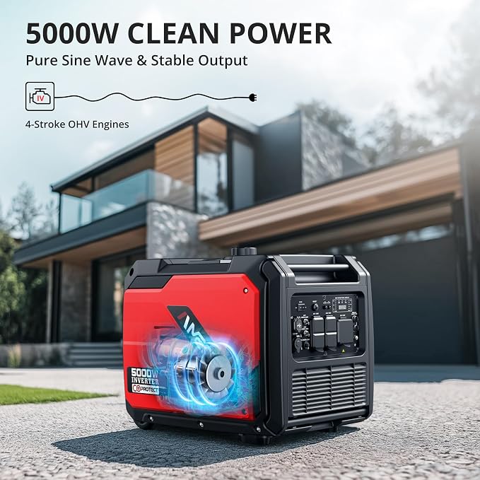 AMERISUN 5000W Portable Inverter Generator, 223cc 4-Stroke Engine, 10H Runtime, CO Sensor, Parallel Ready, 120V/12V/USB Outlets, EPA Compliant, Super Quiet, For RV, Camping & Home Backup