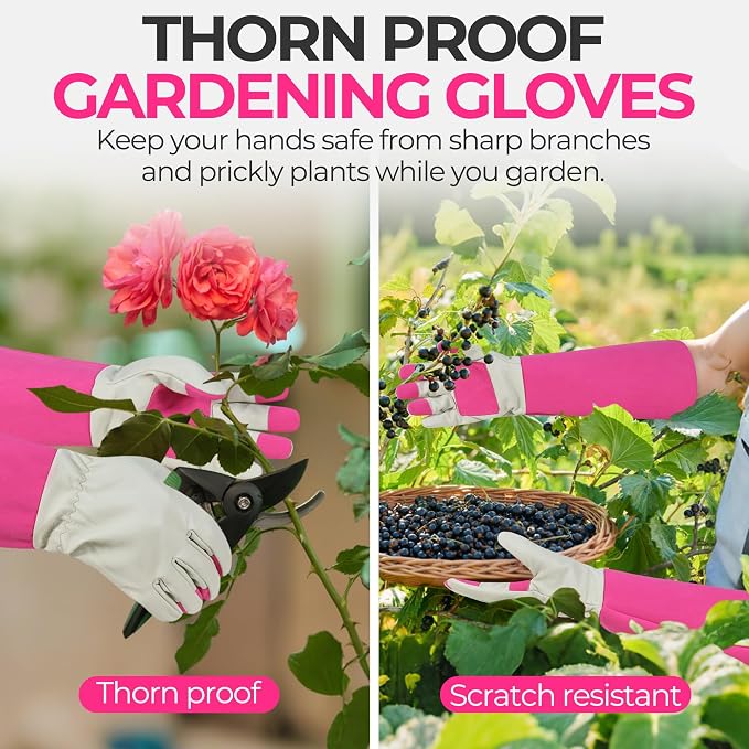 HANDLANDY Rose Pruning Gloves for Men Women, Thorn Proof Gardening Gloves | Long Leather Gardening Gloves, Breathable Leather Gauntlet, Best Garden Gifts & Tools for Gardener (Pink, L)