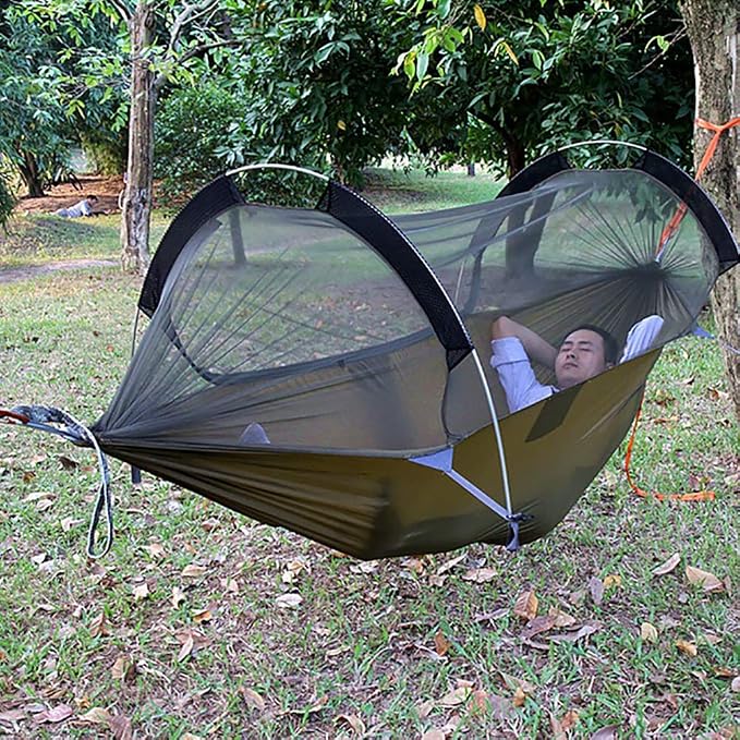 3 in 1 Hammock with Mosquito Net and Rain Fly Outdoor Hammocks Tents for Camping (Green, L)