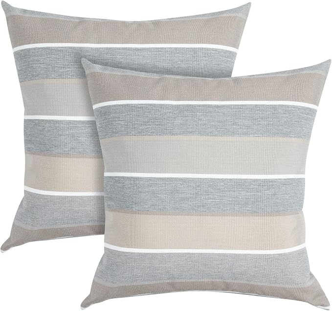FUNHOME Outdoor Throw Pillows 18x18 inch,Decorative Throw Pillow with Insert Set of 2,Water Resistant Pillow for Patio Furniture Sofa Couch Chair(Gray Stripe)