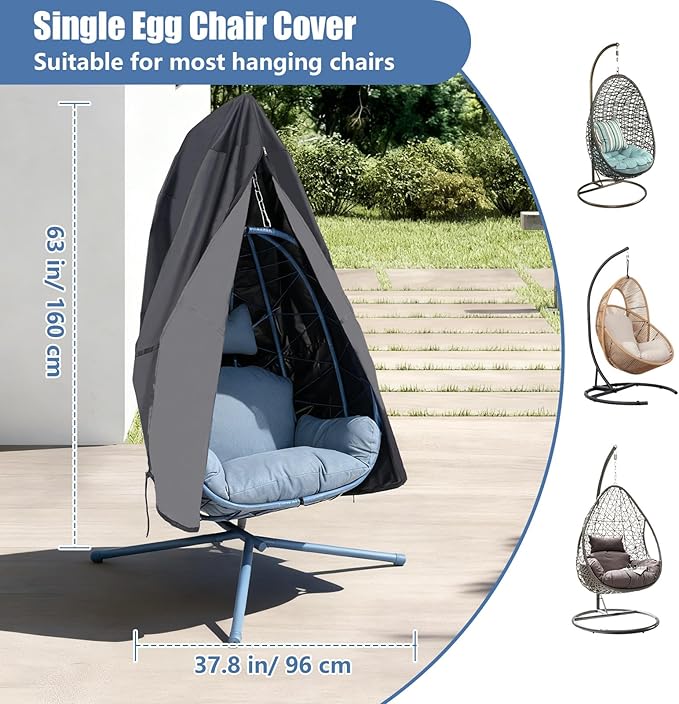 Patio Egg Chair Cover with Zipper Waterproof Heavy Duty Outdoor Hanging Chair Cover for Single Egg Swing Chairs All Weather Windproof UV Protection for Patio Furniture