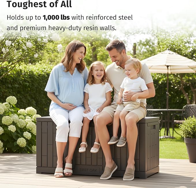 EAST OAK 120 Gallon Outdoor Storage Box | Large Resin Deck Box with Reinforced Stainless Steel Support | Waterproof & UV-Resistant Patio Storage Box for Cushions, Garden Tools & Pool Accessories, Grey