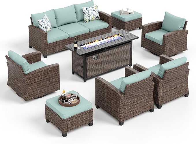 HERA'S HOUSE Swivel Glider Patio Furniture Set, Outdoor Sectional Conversation Sets with 56" Fire Pit Table, 8 Pieces 9 Seats Outside Sofa for Lawn Deck Backyard, Blue