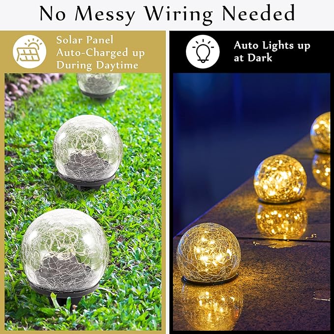 Honoson 3.9 Inch Solar Globe Lights Outdoor - Waterproof Cracked Glass Balls for Lawn Patio Yard Backyard Decorations, Warm White Solar LED Lights with Easy Installation,Durable Design (8 Pcs)