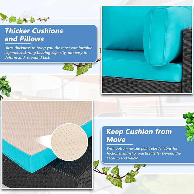 Shintenchi 7 Pieces Outdoor Patio Sectional Sofa Couch,PE Wicker Furniture Conversation Sets with Washable Cushions & Glass Coffee Table for Garden, Poolside, Backyard (Blue)
