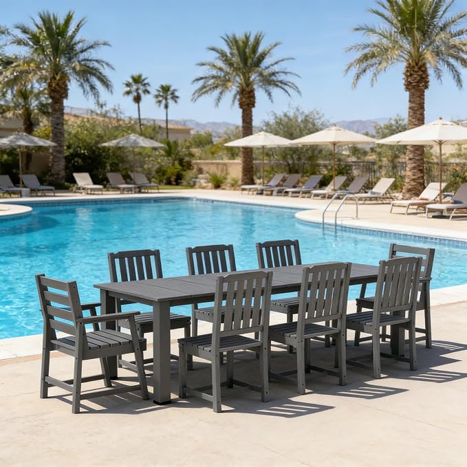 Ayge 9-Piece Outdoor Dining Set – HDPE Patio Furniture for 8 with 2" Hole Cut-Out Table & 8 Chairs, Perfect for Pool, Patio, Garden, Gray