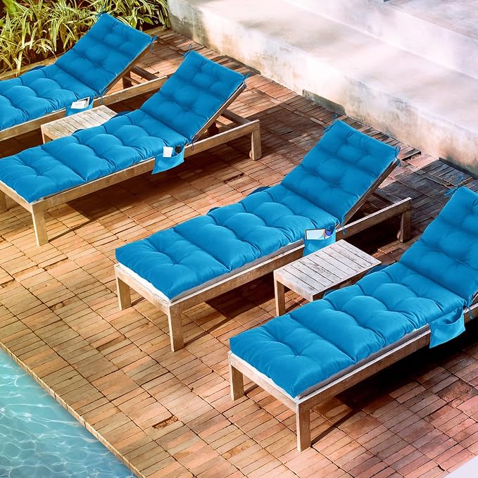 Kigley 2 Pcs Outdoor Chaise Lounge Cushions with 3 Side Pocket 74.5 x 22 x 4.7 Inch Patio Chaise Lounge Cushion, Water-Repellent and Fade-Resistant Tufted Summer Replacement(Blue)