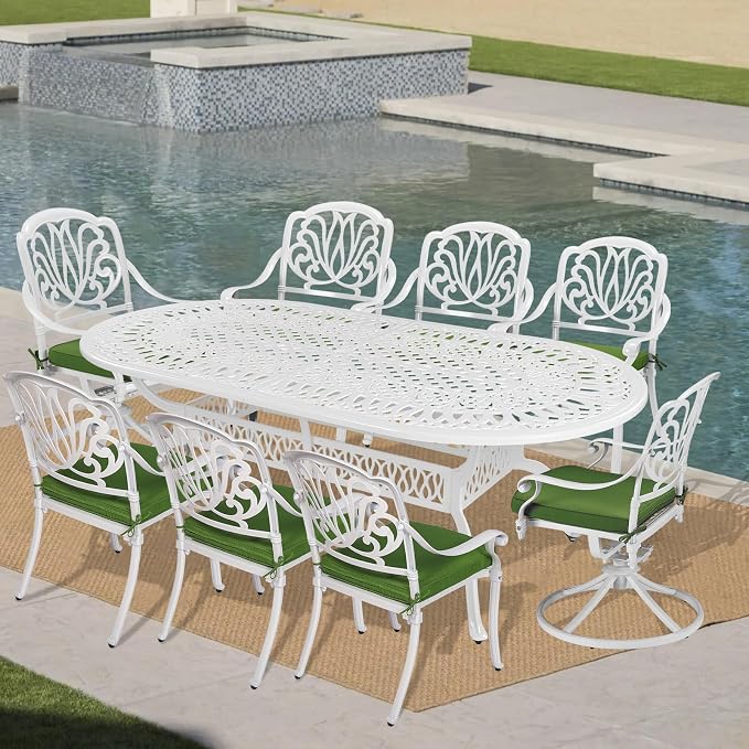 VIVIJASON 9-Piece Outdoor Furniture Dining Set, All-Weather Cast Aluminum Patio Conversation Set Include 6 Stationary Chairs, 2 Swivel Dining Chairs, Oval Table with Umbrella Hole(White/Green Cushion