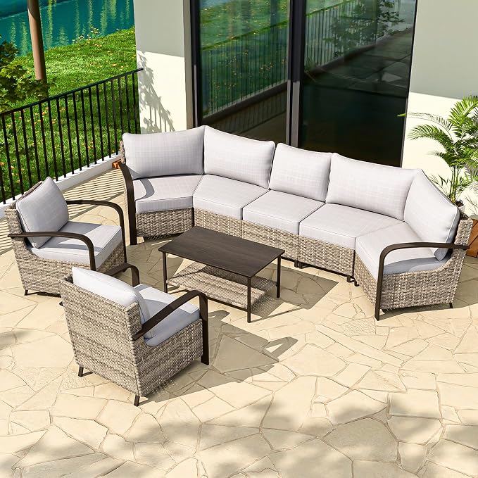 COOS BAY Aurora Terrace 6 Piece Outdoor Sectional Furniture Set, Half Moon Rattan Wicker Conversation Set with Patio Chairs, 5 Seat Sofa & Coffee Table for Patio Garden Yard, Beige/Beige