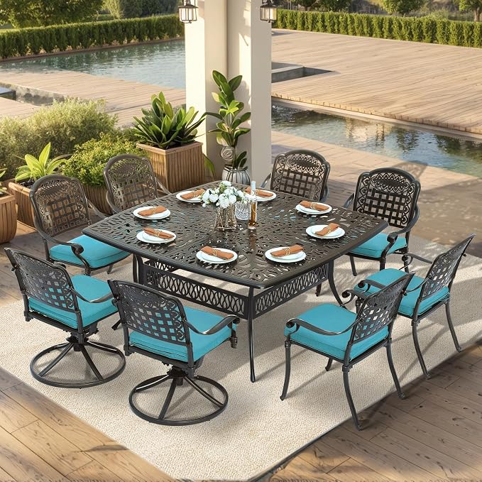 VIVIJASON 9-Piece Outdoor Dining Set, Cast Aluminum Patio Table & Chair Furniture Set for 8, Include 64" Square Dining Table, 2 Swivel Rocker Chairs, 6 Stationary Chairs, Umbrella Hole, Ocean Blue