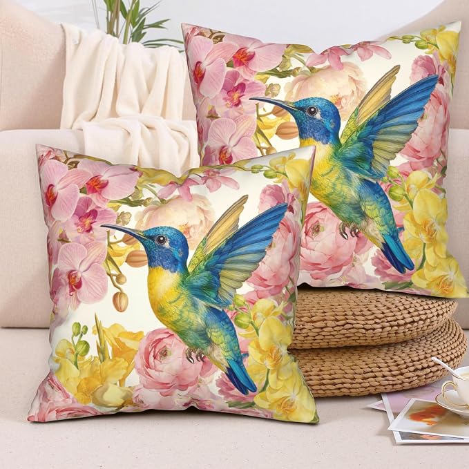 Spring Pillow Covers 18x18 Set of 2 Hummingbird Throw Pillow Covers Pink Yellow Moth Orchid Buttercup Floral Pillow Case for Home Decor Couch Sofa