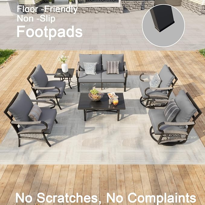 7 Pieces Patio Furniture Set, Metal Outdoor Conversation Sets with Swivel Chairs, Modern Couch Sofa Seating Group with Coffee Table and Side Table (Thick Gray Cushions)