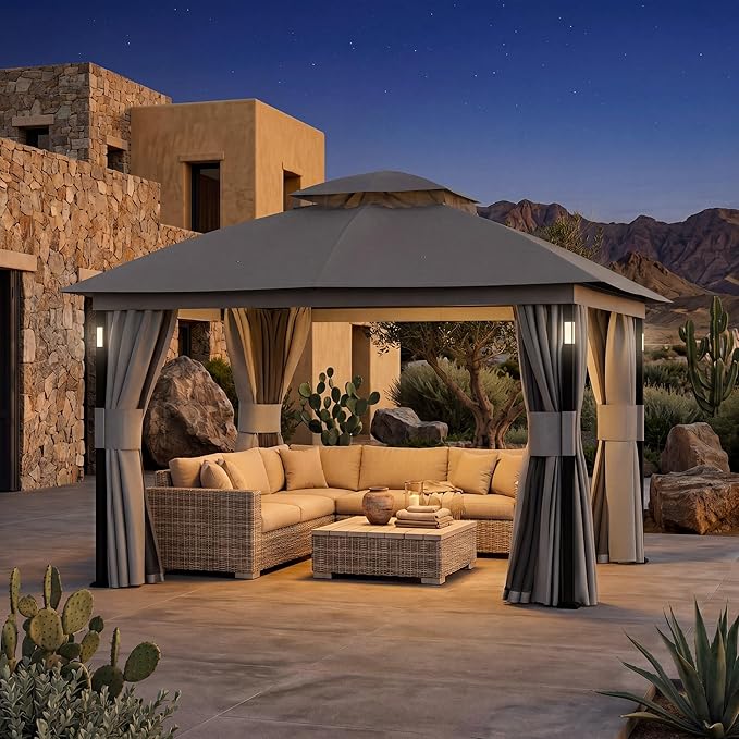 Covered Outdoor Patio Gazebo 10'x12' with LED Lights & Bluetooth Speaker, Heavy Duty Outdoor Canopy Shelter with Metal Frame, Double Roofs, Soft Top Gazebo with Netting and Curtains for Backyard, Gray