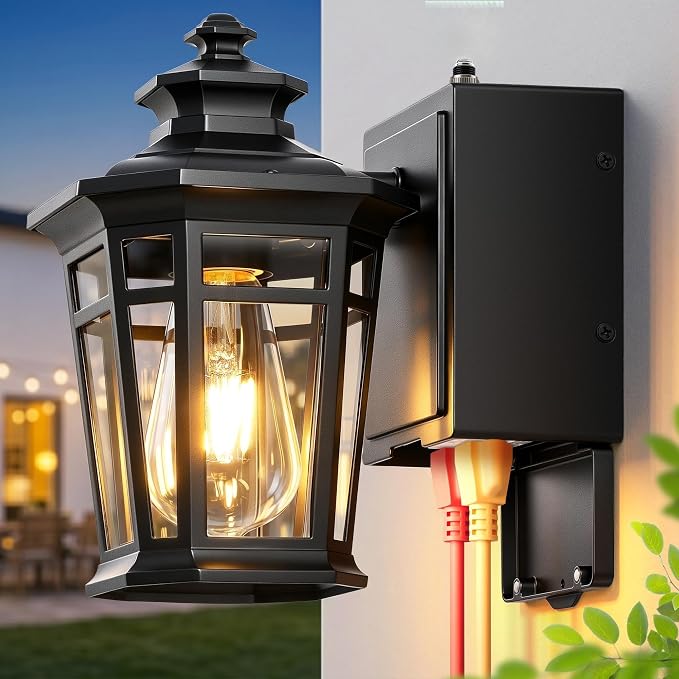 Gleamz Black Dusk to Dawn Outdoor Lighting with GFCI Outlet, Exterior Light Fixtures with Outlet, 9in H Lantern Wall Mount Aluminum Waterproof Anti-rust, Outside Lights for House, Proch, Patio, Garage