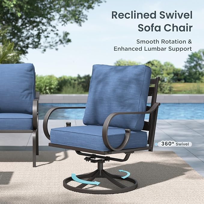 PHI VILLA Patio Furniture Set, 3-Seater Sofa, 2 Fixed Chairs, 2 Swivel Chairs and a Coffee Table, Outdoor Metal Conversation Set with 5.75" Extra Thick Cushion for Garden Backyard Deck, Navy