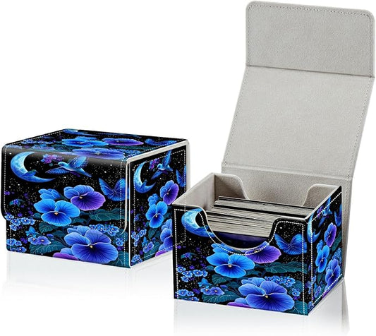 Card Deck Box for MTG, Cards Storage Box Fits 120+ Sleeved, Leather Small Size Strong Magnetic Closing Card Case for Board Games Magic TCG CCG Baseball Collection, Blue Flower Bird