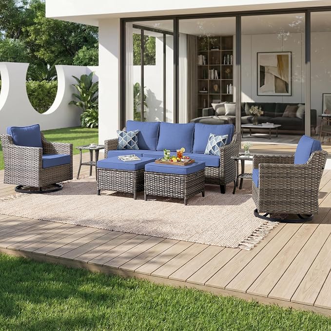 Luxury Patio Furniture sofa Set - 7 Pieces All Weather Wicker Outdoor Couch and High Back Swivel Rocker Patio Chairs with Sofa & footstools for Deck Yard and Poolside Gray Wicker | Blue Cushions