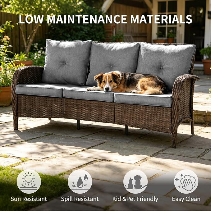 All Weather Patio Furniture Set, High Back Swivel Rocker Glider Chairs，Ottomans & Glass Tables, Outdoor Conversation Set for Deck Porch Yard Poolside (Grey, 9PCS-Swivel Chairs&Chairs&Sofa&Tables)