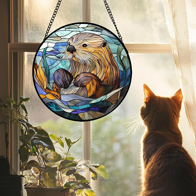 Stained Glass Suncatcher, Blue Ocean Cute Sea Otter Sun Catcher Stain Glass Window Hanging Decoration Mother's Day Birthday Gifts for Women Men Mom Nana 11.8 in