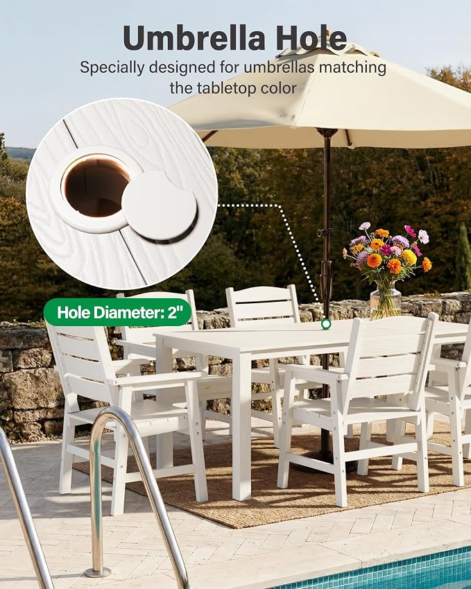 YEFU Patio Dining Sets 5-Piece: All-Weather Outdoor Table and Chairs with Umbrella Hole - Low-Maintenance HIPS Patio Dining Set for 4 Modern Plastic Outside Furniture for Family with Deck/Pool White