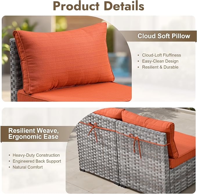 10 Pieces Outdoor Patio Sectional, Wicker Patio Furniture Set with 42 inch Fire Pit Table, All-Weather L Shaped Patio Conversation Set with Swivel Chairs, for Backyard Porch Yard,Orange