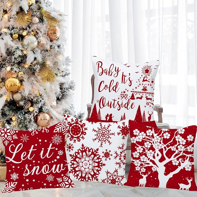 22x22 Christmas Pillow Covers Happy Winter Snowflakes Let It Snow Deer Soft Velvet Baby It's Cold Outside Decorative Throw Cushion Cases for Sofa Farmhouse Couch Square 22 Inch Set of 4