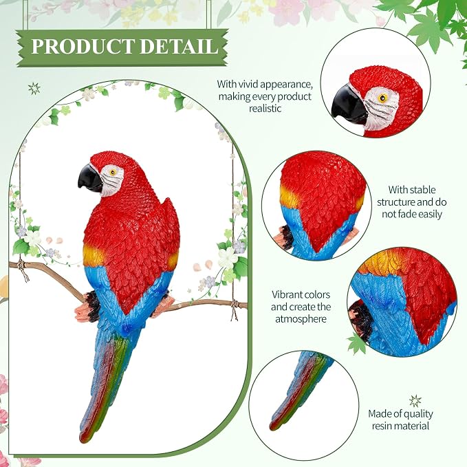 Jetec Parrot Decor Outdoor Tiki Bar Decor Large Realistic Parrot Statues Outside Lifelike Bird Sculptures Garden Patio Yard Lawn Figurines for Tropical Animal Tree Wall(2 Pcs,Blue, Red)
