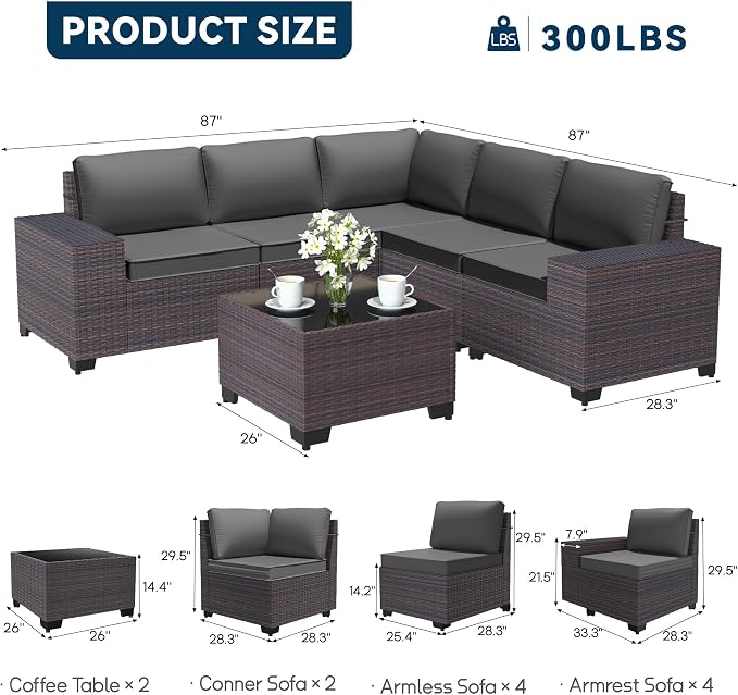 Patio Furniture Set 12 Pieces Outdoor Sectional Sofa Set,PE Rattan Wicker Patio Conversation Set with Thickened Cushions and Glass Coffee Table,Grey