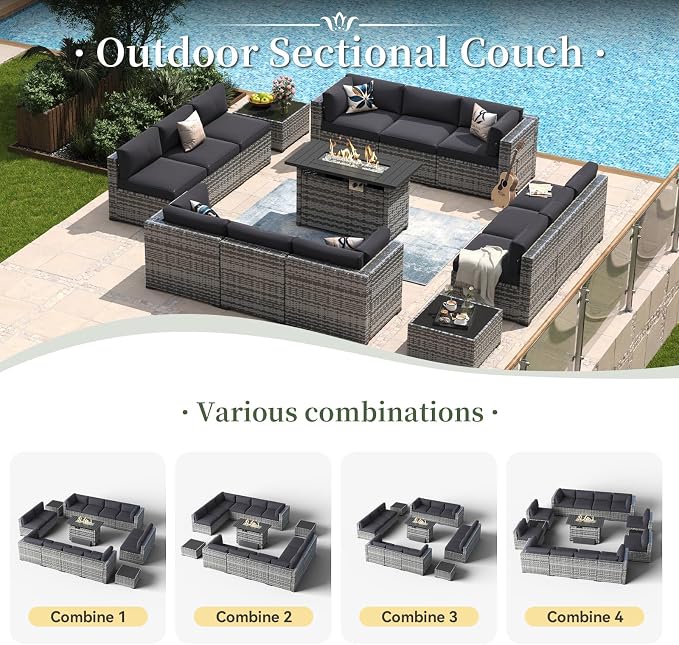 Aoxun 15 Piece Patio Furniture Set with Fire Pit Table Wicker Rattan Outdoor Sectional Sofa Set with Coffee Table and 4” Thickened Cushions, Grey/Black