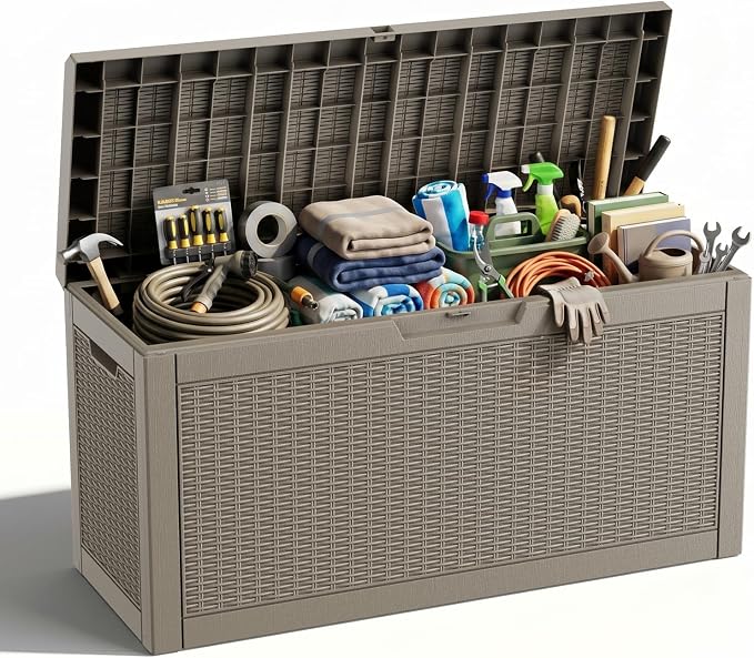 ROJIK 79 Gallon Outdoor Deck Box, Resin Waterproof Storage Box, weatherproof Deck Boxes Outdoor, Sturdy Deck Box for Furniture Cushions & Gardening Tools (Grey)