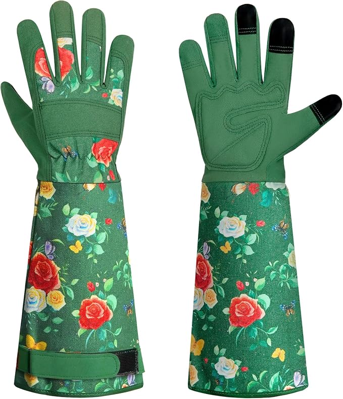 DLY Garden Gloves for Women,Gardening Gloves,Garden Gift for Lady,Blue,XL | Lightweight Microfiber Leather, Breathable Long Cuff, 3-Finger Touchscreen, Green Rose Print, Pruning, Weeding & Yard Work