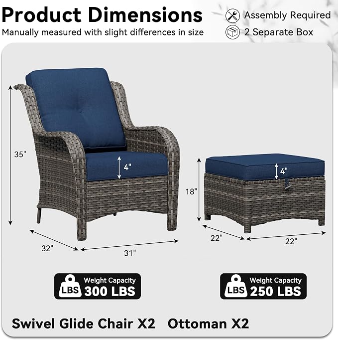4 Piece Outdoor Wicker Patio Furniture Set, Patio Chairs Set with Thickened Olefin Cushions, High Back and Deep Seating, Hand-Woven PE Rattan, Ottoman for Porch, Deck, Blue