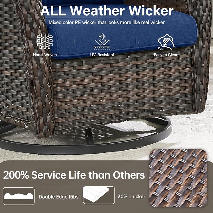 Outdoor Swivel Rocker Patio Chairs Set of 4 with Ottoman Coffee Table - 5" Thick Cushion 8 Piece Furniture Set All Weather Comfortable Wicker Conversation Set for Porch Deck - Brown/Blue