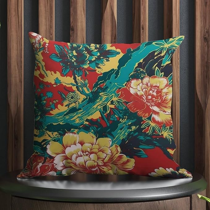Animal Tiger Stripe Colorful Chinoiserie Throw Pillow Covers Peony Flower Asian Pillowcase 16x16 INRetro Accent Modern Decorative Pillow Covers for Patio Garden Sofa Chairs