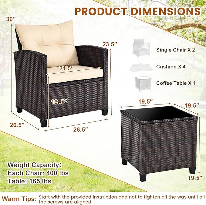 3-Pieces Patio Furniture Set, PE Wicker Chairs Sofa Set with Removable Cushions & Glass Top Side Table, Outdoor Wicker Rattan Conversation Chair for Porch,Backyard, Balcony (Light Yellow)