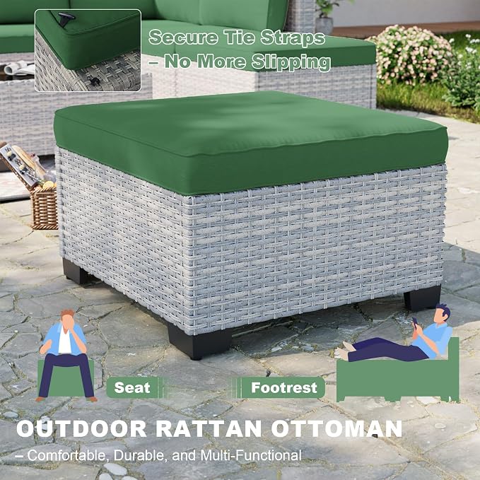 9-Piece Patio Furniture Set, Outdoor with Ottomans, Modular Patio Sofa, Dual-Strand Wicker Rattan, Rust-Resistant Frame, Backyard Furniture for Garden, Deck, Dark Green