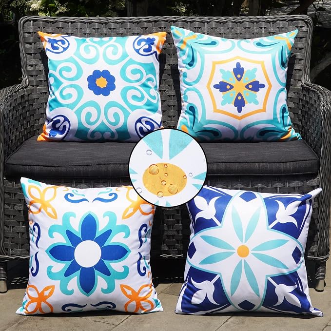 ONWAY Outdoor Boho Pillow Covers Waterproof 20x20 Set of 4 Floral Farmhouse Decorative Outdoor Throw Pillows for Bench Couch Patio Furniture Decorations