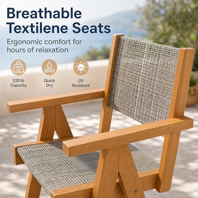 Outdoor Dining Table Set, 7 Piece HDPE Patio Set with Aluminum Dining Table & 6 Textilene Chairs, 69" Outdoor Table with Umbrella Hole for Garden, Deck, Lawn, Teak