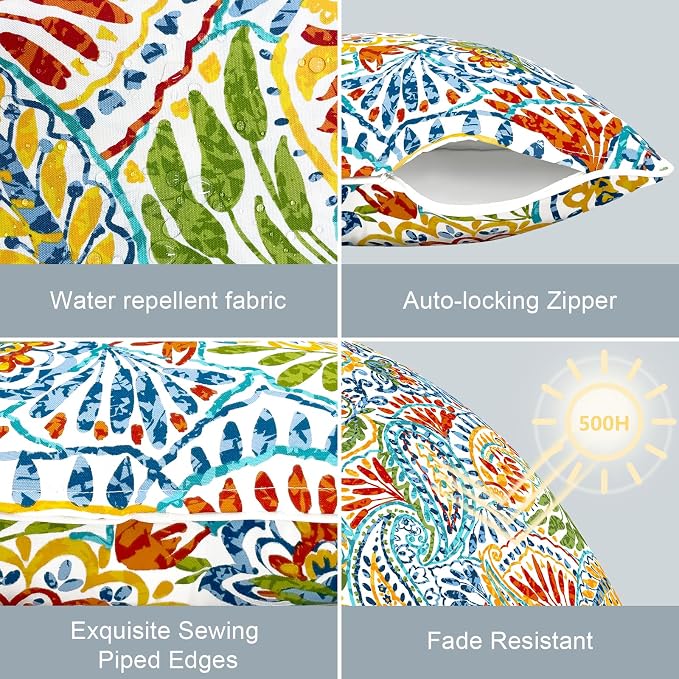 LVTXIII Pack of 2 Outdoor Throw Pillow Covers Accent Waterproof Pillow Covers ONLY, Patio Square Cushion Cases for Garden Balcony Couch Sofa Decoration 18x18 inch, Paisley Multi
