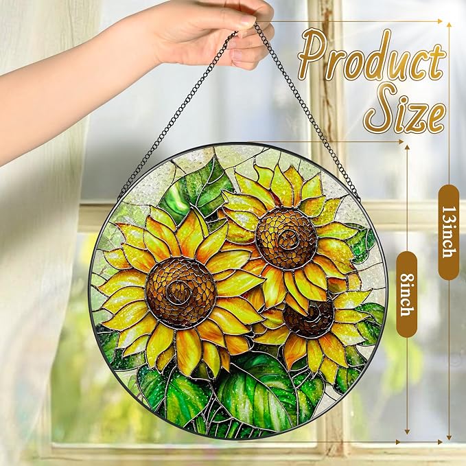 Sunflower Stained Glass Suncatcher, 8 Inch Sun Catchers Indoor Window, Stained Glass Window Hanging, Windows Dedor and Christmas, Mother's Day, Birthday, Gifts for Women Mom, Idea Gift, Gift Exchange