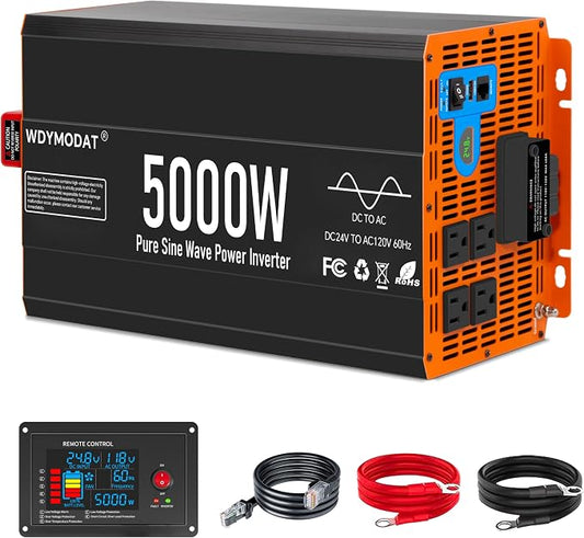 5000W Pure Sine Wave Inverter,24V DC to 120V AC Car Power Inverter 10000W Peak with 4 AC Outlets, 3.0A USB and Type-C, LCD Display 16.5 ft Remote Control for RV Truck Travel Solar Emergency