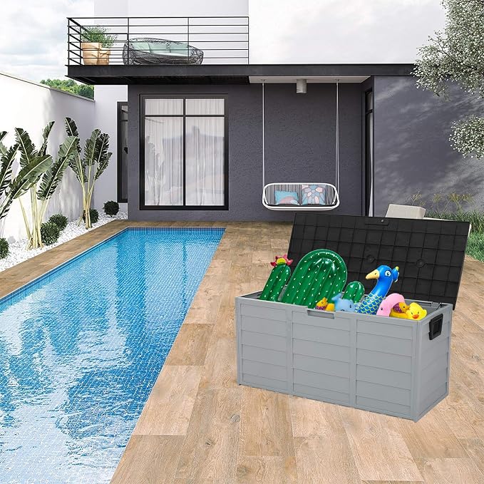 75Gal Outdoor Storage Box Deck Box Outdoor Garden Plastic Storage Deck Box Lockable Storage Box Outdoor Toy Box Patio Furniture for Garden Pool Balcony Yard Porch Delivery Black & Grey