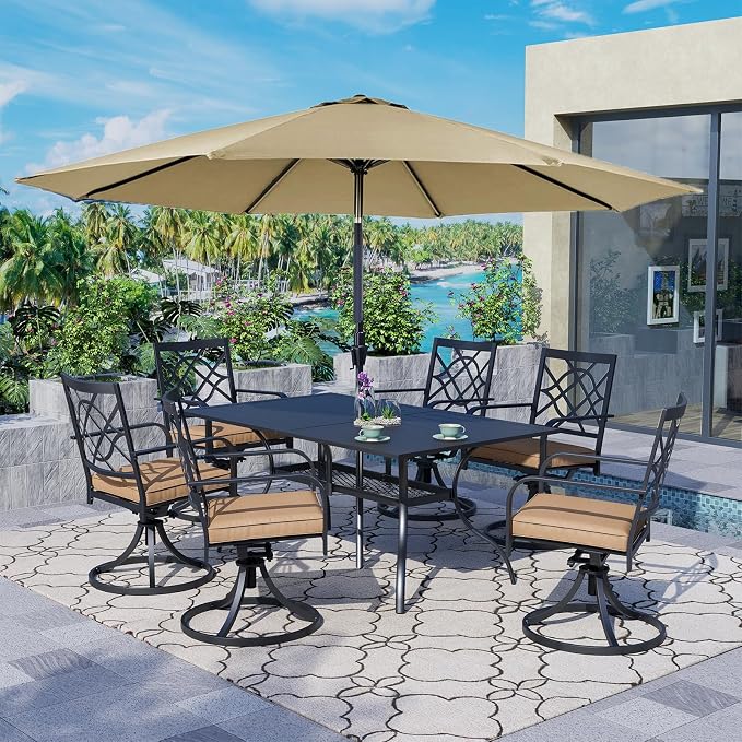 Oakcloud 7-Piece Metal Outdoor Furniture Patio Dining Set with Brown Umbrella, 6 Metal Swivel Chairs and Rectangle Dining Table with Umbrella Hole